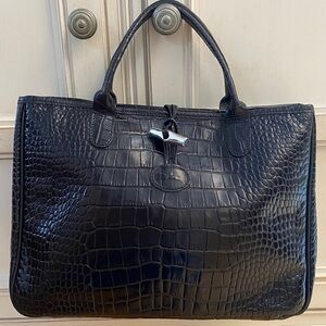 Longchamp Black Croc Embossed Roseau tote with silver clasp
